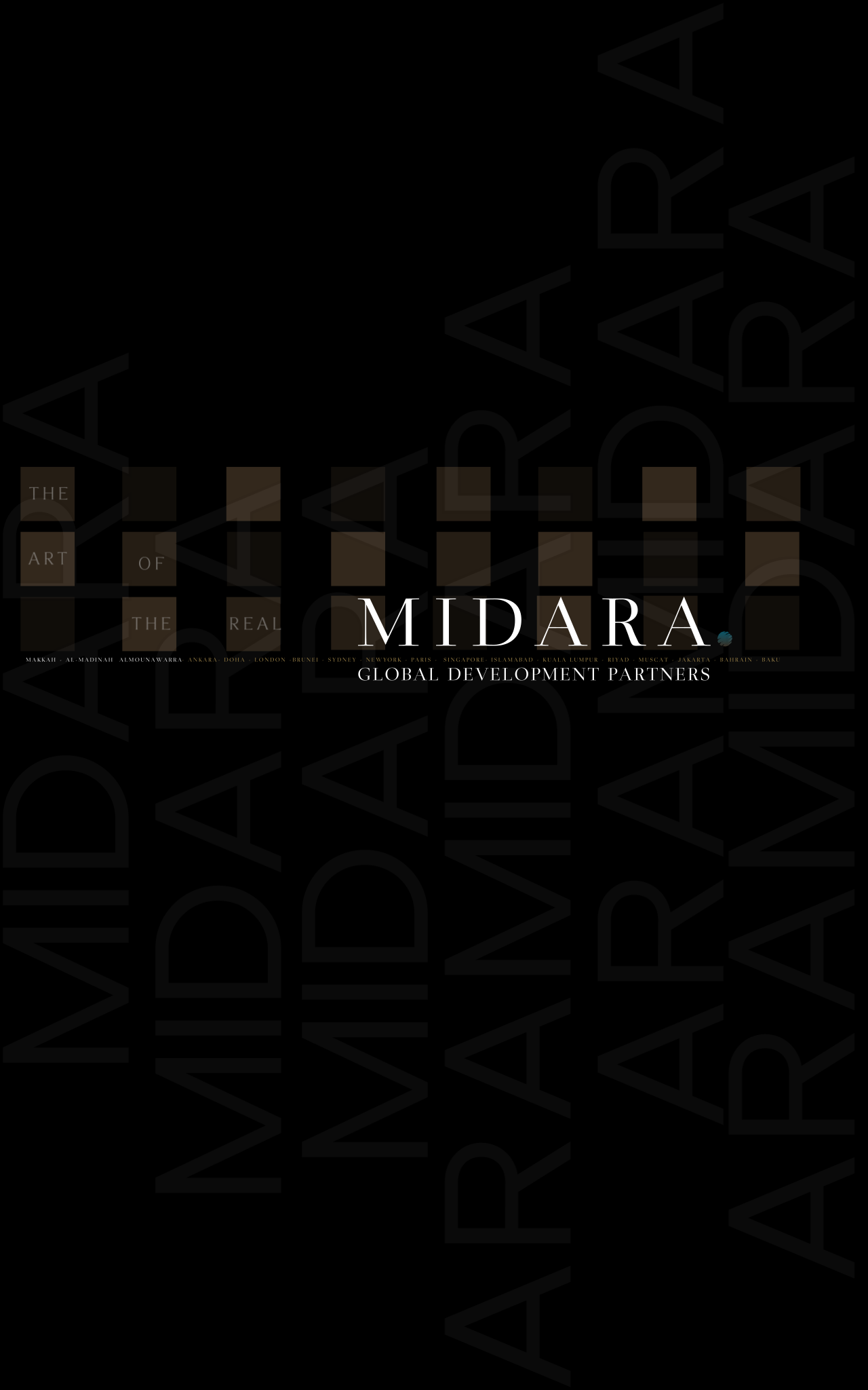 Approved Midara identity: a black ground, brown and bronze architectural squares, and the white MIDARA wordmark.